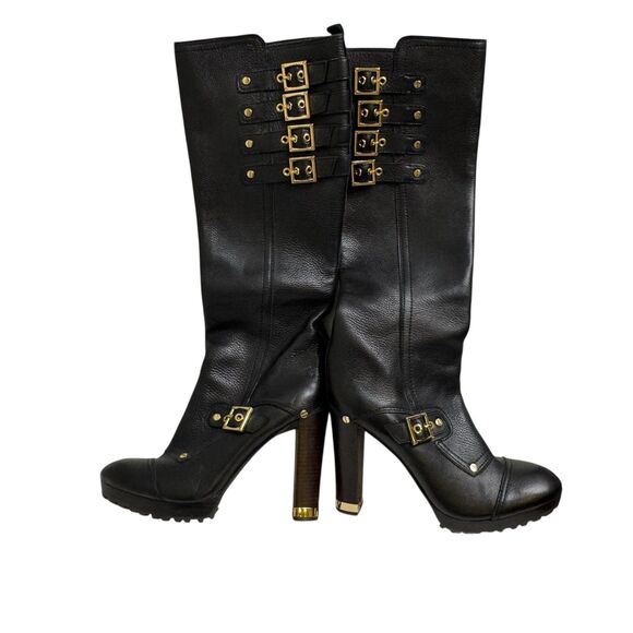 Tory Burch Boots Womens Size 9.5 Black Leather Tall Knee High Gold Buckle 1783 - Picture 1 of 9